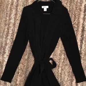 Ladies long black sweater with tie